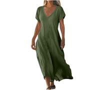 Générique Robe Femme Chic Coton Lin Élégante Robe d'été à Manches Courtes Col en V Décontractée Fluide pour Plage Taille S-XXL Couleur Unie