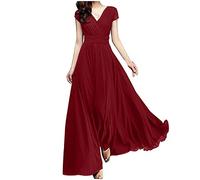 Générique Robe Femme Chic De Soirée - Longue Mousseline Couleur Unie Col en V Élégant Manches Courtes Maxi Cocktail