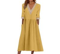 Générique Robe Femme Chic Et Elegant Ete Longue Manche Courte Fluide De Plage Boheme Robe Décontractée À La Mode Taille Cintrée en Dentelle Et Col V De Couleur Unie
