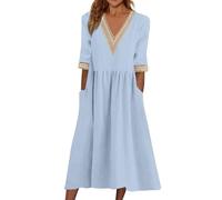 Générique Robe Femme Chic Et Elegant Ete Longue Manche Courte Fluide De Plage Boheme Robe Décontractée À La Mode Taille Cintrée en Dentelle Et Col V De Couleur Unie