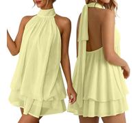 Générique Robe Femme Chic et Elegant Été Robes Courte Ample Col Halter sans Manches Sexy Mini Robe Dos Nu à Nouer Casual Robes en Mousseline Volants Fluide Dresses pour Soirée Clubbing Plage Vacances