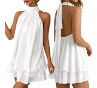 Générique Robe Femme Chic et Elegant Été Robes Courte Ample Col Halter sans Manches Sexy Mini Robe Dos Nu à Nouer Casual Robes en Mousseline Volants Fluide Dresses pour Soirée Clubbing Plage Vacances