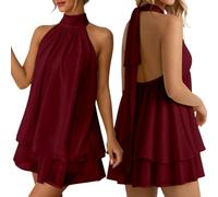 Générique Robe Femme Chic et Elegant Été Robes Courte Ample Col Halter sans Manches Sexy Mini Robe Dos Nu à Nouer Casual Robes en Mousseline Volants Fluide Dresses pour Soirée Clubbing Plage Vacances