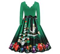 Générique Robe Femme Chic Et Elegant Hiver,Robe à Manches Longues Col en V NoëL des AnnéEs 1950 Foyer SoiréE Bal FêTe Robe De Plage (Green L)