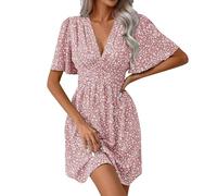 Générique Robe Femme Chic et Elegant, Robe de Plage Courte Fleurie Boheme Ete Taille Empire Manches Courtes Col V Fluide Decontractée A-Line pour Fête Mariage