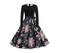 Générique Robe Femme Chic Et Elegant,Robe Longue à Imprimé De NoëL avec NœUd Papillon Et Manches Longues Robe éVaséE Charme des FêTes (Black S)