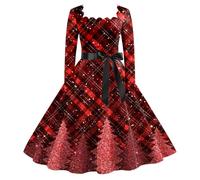 Générique Robe Femme Chic,Robe De Thé Classique De NoëL S Robe à Manches Longues avec Ceinture Robe De Cocktail TrapèZe (Brick Red XL)