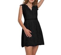Générique Robe Femme Col V Été Dentelle Broderie Manches Courtes Décontractée Courte Bohème Style Romantique(Black, M)