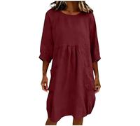 Générique Robe Femme Coton Et Lin Été - Robes Chic Et Elegant Manches 3/4 Col Rond avec Poche Robes Décontracté Ample Habillée Ete Fluide Taille Haute Couleur Unie Dress Lin Casual Plage Vacances