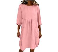 Générique Robe Femme Coton Et Lin Été - Robes Chic Et Elegant Manches 3/4 Col Rond avec Poche Robes Décontracté Ample Habillée Ete Fluide Taille Haute Couleur Unie Dress Lin Casual Plage Vacances