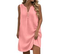 Générique Robe Femme Coton Et Lin Été - Robes Chic Et Elegant sans Manches Col en V Boutonné Robes Décontracté Ample Habillée Ete Fluide Grande Taille Couleur Unie Dress Casual Plage Vacances