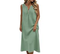 Générique Robe Femme Coton Et Lin Été - Robes Chic Et Elegant sans Manches Col en V Boutonné Robes Décontracté Ample Habillée Ete Fluide Grande Taille Couleur Unie Dress Casual Plage Vacances