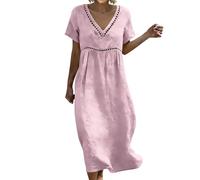 Générique Robe Femme Coton Été Chic et Elegant Tunique Robe Fluide sans Manches Dentelle Decontractée Ample Casuel Couleur Unie Robes Col V Robes De Plage Grandes Tailles Dress pour Vacances
