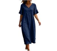 Générique Robe Femme Coton Lin Été Chic et Elegant Tunique Robe Chemise Fluide Manches Courtes Decontractée Ample Casuel Couleur Unie Robes Col en V Robes De Plage Grandes Tailles Dress pour Vacances