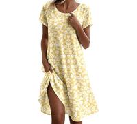 Générique Robe Femme Décontractee Fluide Col Rond A Ligne Confortable pour Maison Printemps Ete Automne Tenue Basique Garde Robe(g-Light Yellow, XXL)
