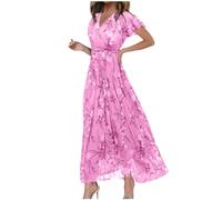 Générique Robe Femme Élégante et Bohème Florale Été Longue Maxi Col V Rose Vif Bretelle Moulé Manche Courte Taille Normale Femme Adulte