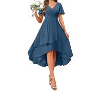 Générique Robe Femme Élégante Ourse Asymétrique Midi Manches Courtes Col V Portefeuille Décontractée Volants Ourlet Longue pour Invitée Mariage Fête