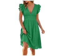 Générique Robe Femme Élégante, Robe Midi à Broderie Anglaise, Col V Profond, Manches Volantées, Taille Élastiquée Amincissante, pour Soirée, Fête et Mariage