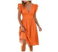 Générique Robe Femme Élégante, Robe Midi à Broderie Anglaise, Col V Profond, Manches Volantées, Taille Élastiquée Amincissante, pour Soirée, Fête et Mariage