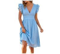 Générique Robe Femme Élégante, Robe Midi à Broderie Anglaise, Col V Profond, Manches Volantées, Taille Élastiquée Amincissante, pour Soirée, Fête et Mariage