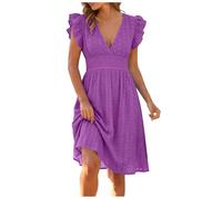 Générique Robe Femme Élégante, Robe Midi à Broderie Anglaise, Col V Profond, Manches Volantées, Taille Élastiquée Amincissante, pour Soirée, Fête et Mariage
