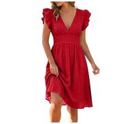 Générique Robe Femme Élégante, Robe Midi à Broderie Anglaise, Col V Profond, Manches Volantées, Taille Élastiquée Amincissante, pour Soirée, Fête et Mariage