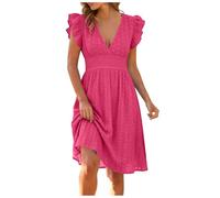Générique Robe Femme Élégante, Robe Midi à Broderie Anglaise, Col V Profond, Manches Volantées, Taille Élastiquée Amincissante, pour Soirée, Fête et Mariage
