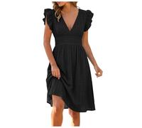 Générique Robe Femme Élégante, Robe Midi à Broderie Anglaise, Col V Profond, Manches Volantées, Taille Élastiquée Amincissante, pour Soirée, Fête et Mariage