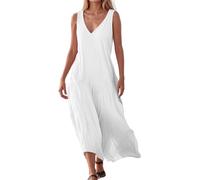 Générique Robe Femme en Coton Lin été Robe Longue Femme Chic et Elegant à sans Manches Col en V de Couleur Unie Robes de Plage Décontractée Lâche et Respirant Robes de Soleil (White, S)