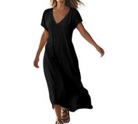 Générique Robe Femme en Coton Lin été Robe Longue Femme Chic et Elegant à sans Manches Col en V de Couleur Unie Robes de Plage Décontractée Lâche et Respirant Robes de Soleil (Z01-Black, L)