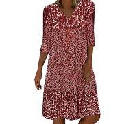 Générique Robe Femme ete bohème Chic Grande Taille col v Robe Boheme mi Longue Fluide Manche Courte Longueur Genoux midi Robes de Plage Courte Qui Cache Le Ventre Imprimé Polka Dot d'Été (Red, L)