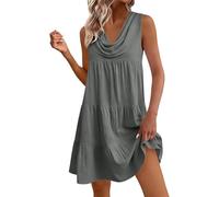 Générique Robe Femme Été Coton et Lin Chic et Elegant Tunique Robe Midi san Manche Decontractée Ample Casuel Couleur Uni Tunique Robes Col Plissé Robes De Plage Grande Taille Dress pour Maison