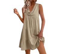 Générique Robe Femme Été Coton et Lin Chic et Elegant Tunique Robe Midi san Manche Decontractée Ample Casuel Couleur Uni Tunique Robes Col Plissé Robes De Plage Grande Taille Dress pour Maison