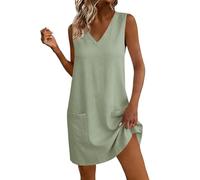 Générique Robe Femme Été Coton et Lin Chic et Elegant Tunique Robe Midi sans Manches Decontractée Ample Casuel Couleur Uni Tunique Robes Col V Robes De Plage Grandes Tailles Dress pour Maison