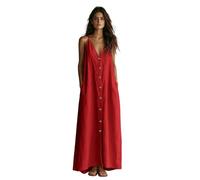 Générique Robe Femme ete Coton Lin Longue midi col V Manches Courtes mi Longues Coupe Ample boutonnee Poches Couleur Unie Respirant Decontractee Grande Taille Plage Quotidien detente Chic Elegant (S)
