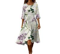 Générique Robe Femme Lin et Coton Manche 3/4 Imprimé Fleuri Robe Longue Été Décontractée Chic Bohème Col Rond Robe Midi Légère Fluide Confortable pour Plage Vacances Quotidien