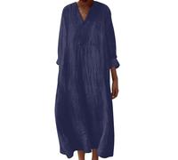 Générique Robe Femme Lin Été Chic Bohème Robe Longue Maxi Fleurie Col V Manches Longues Fluide Vintage Décontractée Plage Vacances Grande Taille Soirée Tunique Ample Légère Mode