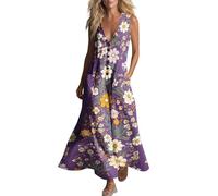 Générique Robe Femme Lin Été - Robes Chic Et Elegant Col en V sans Manches avec Imprimé Et Poches Robes Décontracté Ample Habillée Ete Fluide Taille Haute Couleur Unie Dress Casual Plage Vacances