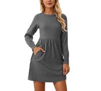 Générique Robe Femme Longue Robe Manches Longues Col Rond Poches Cintrée Casual Automne Robes Midi Évasée Mode Urbaine Détente Robes Leisure Quotidien Élégante Combinaison Automne Hiver Chic Relax