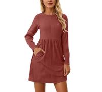 Générique Robe Femme Longue Robe Manches Longues Col Rond Poches Cintrée Casual Automne Robes Midi Évasée Mode Urbaine Détente Robes Leisure Quotidien Élégante Combinaison Automne Hiver Chic Relax