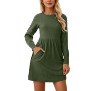 Générique Robe Femme Manches Longues Col Rond Poches Manteau Automne Robe Taille Cintrée Poncho Décontractée Étole Mi-Longue Robes Col Rond Longue Poncho Taille Cintrée Châle Décontractée Femme