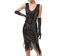 Générique Robe Femme Robe Flapper Charleston Pailletée avec Frange Années 20 Vintage Robe de Soirée Cocktail Col V Rétro sans Manche Cocktail Party