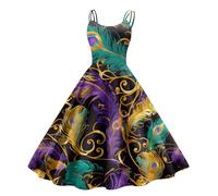 Générique Robe Femme Robe sans Manches Costume Carnaval Dresses Décontractée Col Rond Robes Carnaval Midi Dress Casual Vintage Imprimé pour Les Réveillons Turquoises S