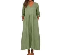Générique Robe Femme Ronde,Robe De Plage Élégante Cintrée Col en V Manches Longues en Coton Uni Couleur Unie, Mode Boho Chic pour Été avec Coupe Ample Jupe Midi（03-Vert,L）