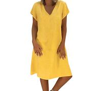 Générique Robe Femmes Été Large Coton Lin Uni Manches Courtes Confort Robe de Plage Sexy Ample Tunique Robes Longueur Genou Rétro Maxi Lâche Couleur Unie Bohème Ete Mi-Longue Dress Pas Cher