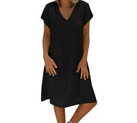 Générique Robe Femmes Été Large Coton Lin Uni Manches Courtes Confort Robe de Plage Sexy Ample Tunique Robes Longueur Genou Rétro Maxi Lâche Couleur Unie Bohème Ete Mi-Longue Dress Pas Cher