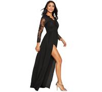 Générique Robe Fendue sur Les cotes Sexy Dentelle Manches Longues Robe de Soiree Femme Longue élégante col v avec Fente Robes Ceremonie Noir Taille Empire Maxi Robes de Bal Promo Chic et (Black, XXL)