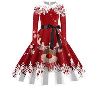 Générique Robe Festive Femme Renne Polaire Mi-Longue Élégante Tenue Réception Noël Féerie De Dorée Scintillante Satin Brillant Ceinture Broderie Festonne Flocons Neige Paillettes Dorées Noel