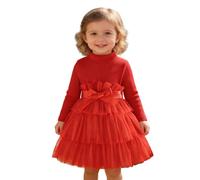 Générique Robe Fille 3 Ans,Robe Fille 14 Ans,Robe élégante à Manches Longues, col Montant et Volants, Couleur Unie, pour Fille, idéale pour Une fête d'automne. (Red, 12-18 Months)