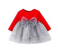 Générique Robe Fille Enfant Manches Longues Patchwork Nœud Étoiles Côtes Assemblage Tulle Princesse Design Détaillé(Red, 70)